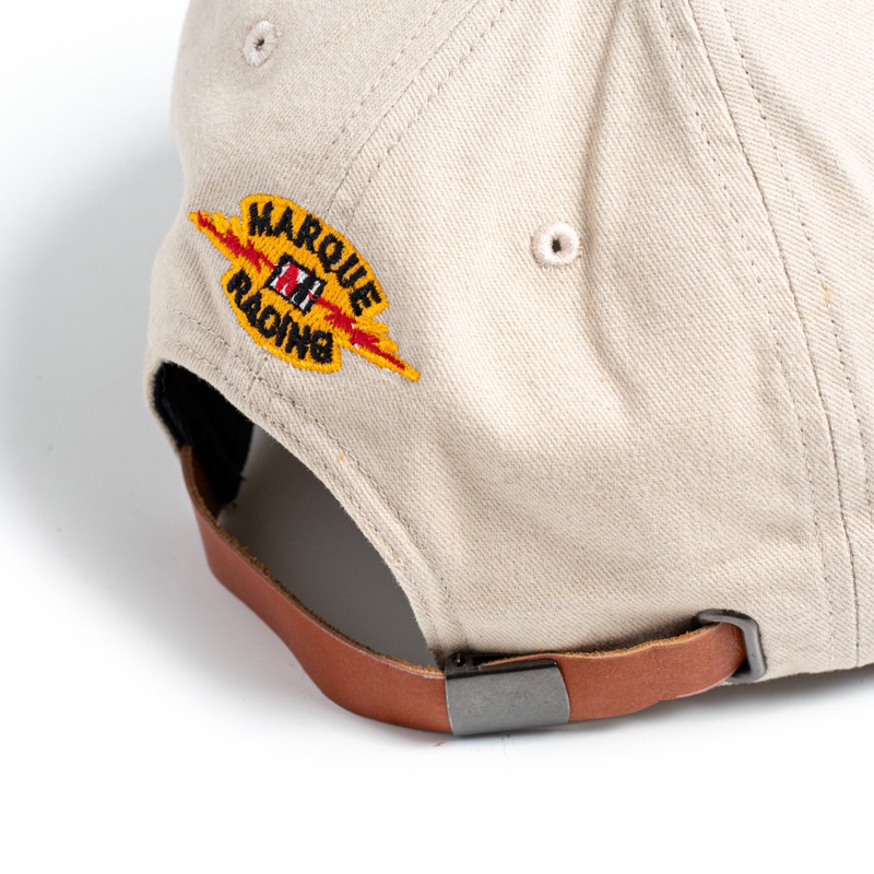 MARQUE.CO Racing Team Vintage Cap Hat Topi - Model Kasual Warna Krem dengan Aksen Navy Corduroy, Buckle Leather Strap