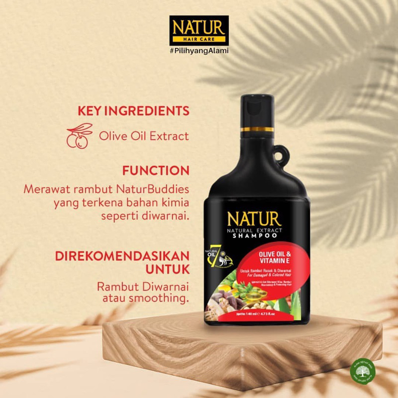 NATUR Hair Shampoo Olive Oil 140ML / Sampo Khusus Rambut Berwarna &amp; Bercabang with Vit E UVA UVB Filter BPOM