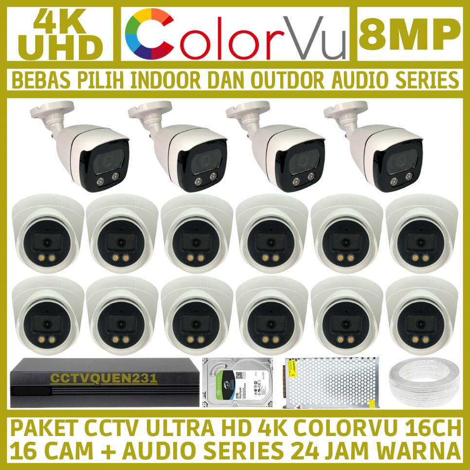 PAKET CCTV COLORVU 8MP 16 CHANNEL 16 KAMERA ULTRA HD 4K CAMERA AUDIO SERIES