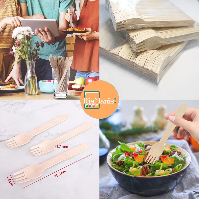 25 PCS ECO-FRIENDLY WOODEN FORK - Eceran 25 biji Garpu Kayu 15.5 cm Alat Makan Ecer Mie Salad Cake Buah Cutleries Portable Praktis Bahan Premium Kualitas Food Grade Ramah Lingkungan Tekstur Halus Cutlery Sekali Pakai