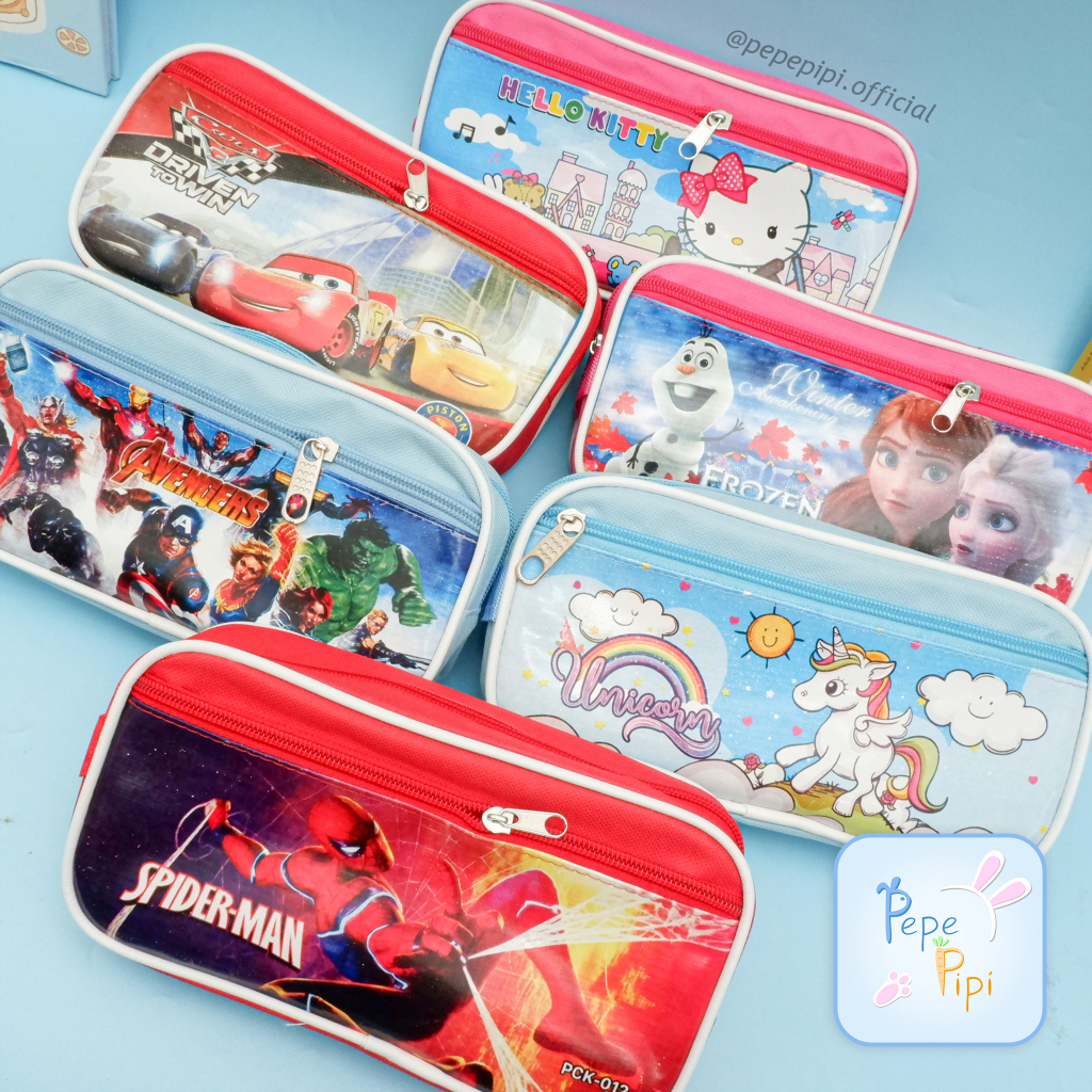 Kotak Pensil 2 Ruang PCK-012 Karakter Tempat Pensil Wadah Pensil Kostak Pouch makeup Kosmetik Pencil Case Spiderman Car Avengers Hello kitty Little Ponny Frozen