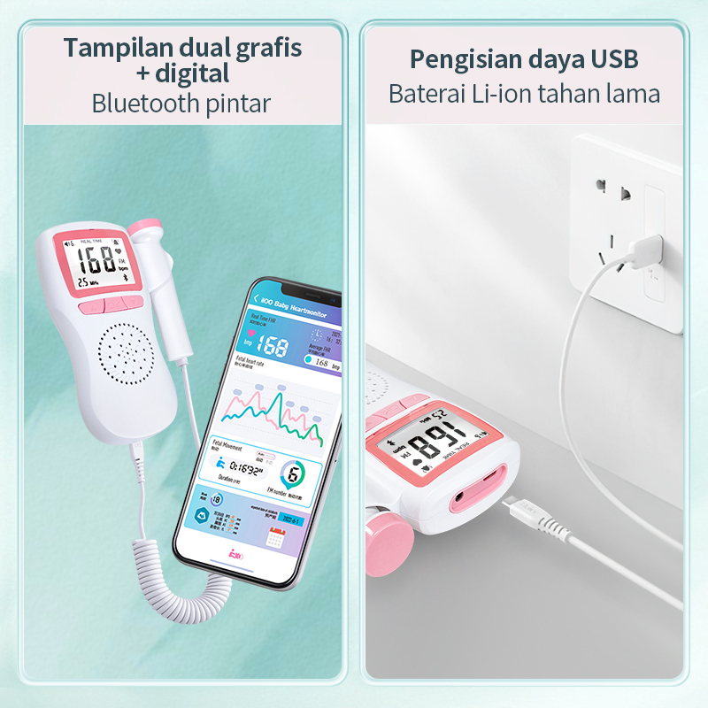 AmazeFan dopler detak jantung bayi Ibu hamil Fetal Doppler Suara jernih &amp; USB &amp; Headphone Alat Deteksi Jantung Janin Bayi Bluetooth &amp; Digital Kurva &amp; sensitif Baby heart rate monitor portabel Bayi Fetal Doppler