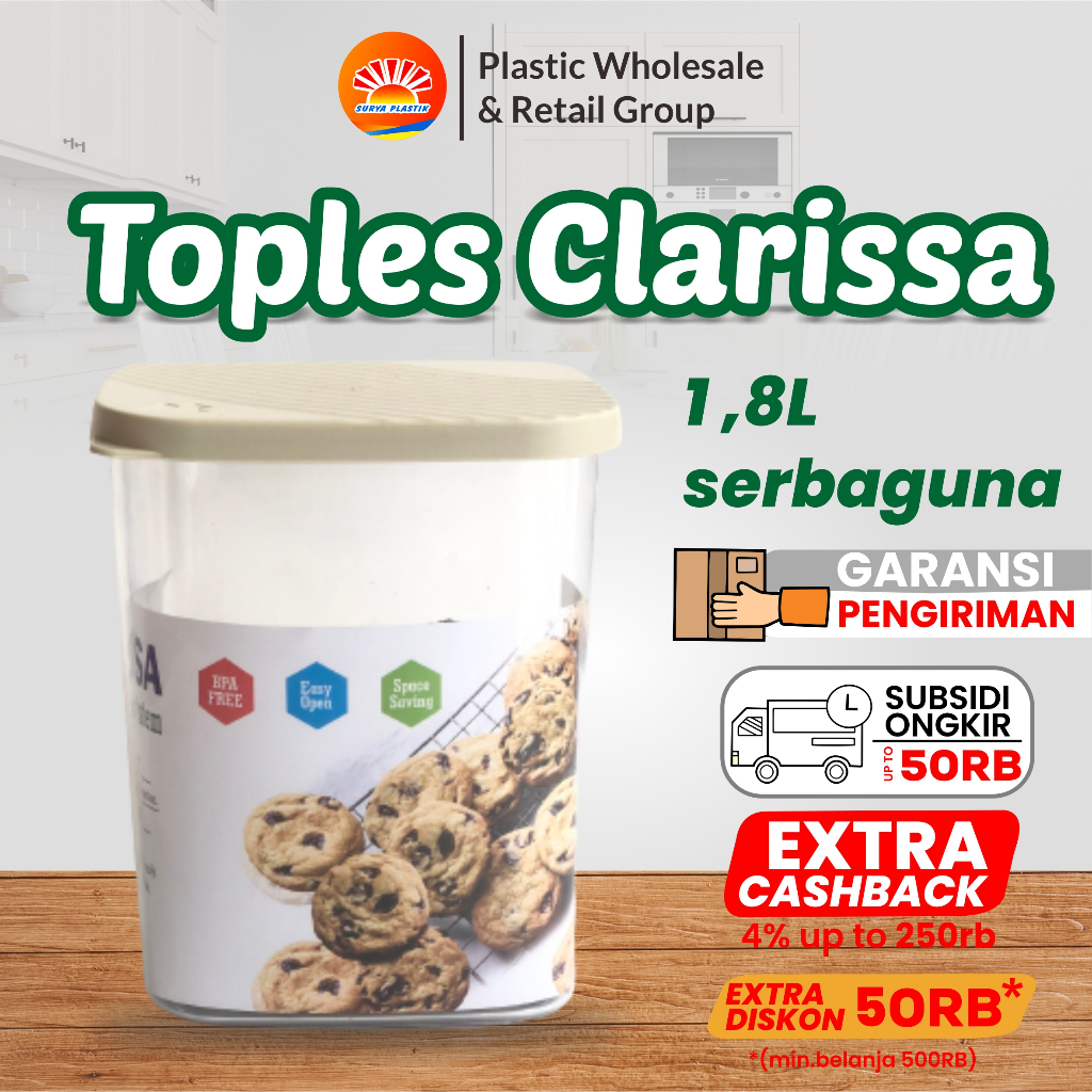 Toples Kue  Kerupuk Lebaran Plastik /Toples Serbaguna/Toples Clarissa / Frenjoy 1,8 Liter