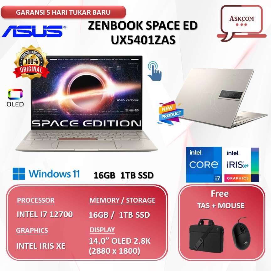 Laptop Asus ZenBook Space ED UX5401ZAS OLED TOUCH I7 12700 16GB 1TB SSD W11 14.0 2.8K