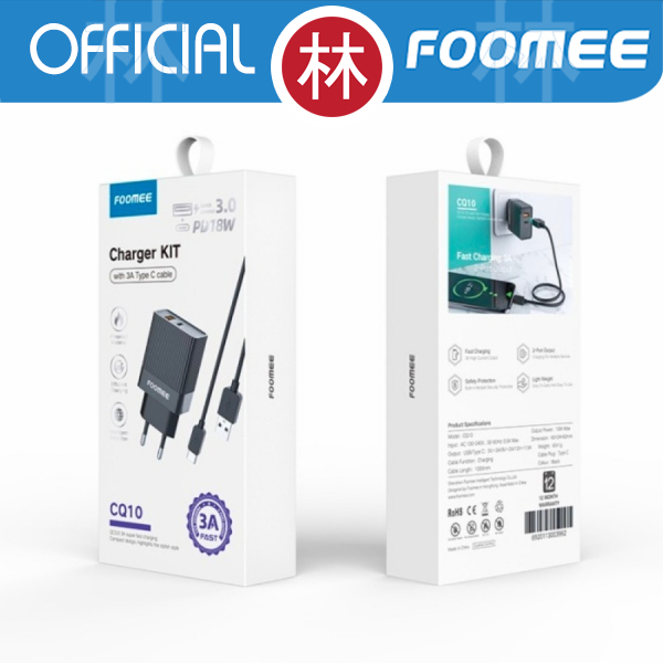 Foomee CQ10 Dual Port Charger QC3.0 PD18W +Type-C Cable 3A Fast Charge