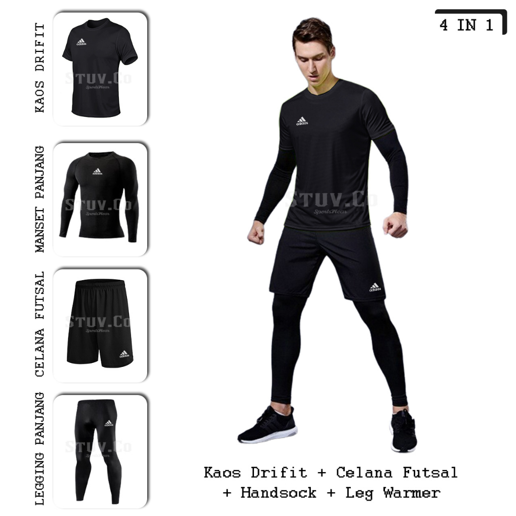 PAKET 4IN1 OLAHRAGA KAOS DRIFIT BASELAYER THUMBHOLE JARI LEGGING PANJANG DAN CELANA FUTSAL