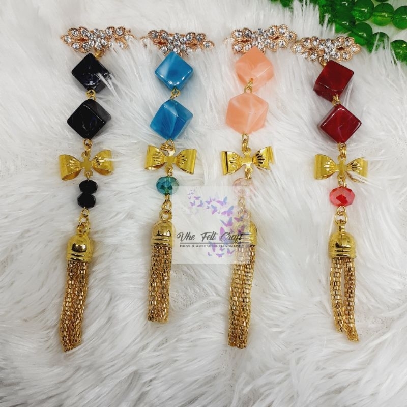 Pin bros jilbab mewah bross dagu panjang juntai batu kotak