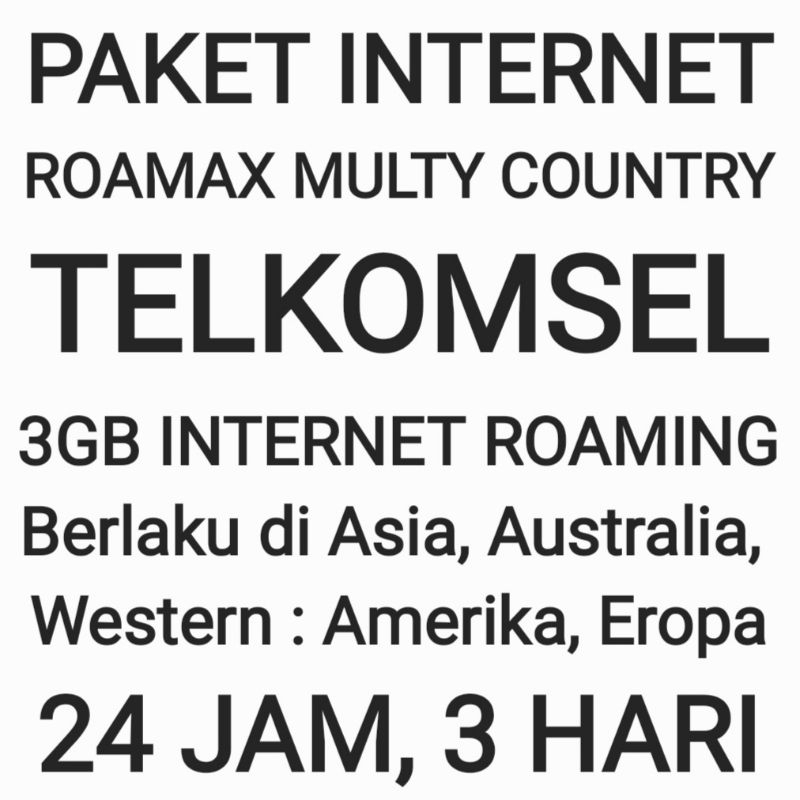 Paket Internet Roamax Roaming Telkomsel Multy Country Western Luar Negeri Negri 3GB Tsel Kuota Data 3Hari 24Jam