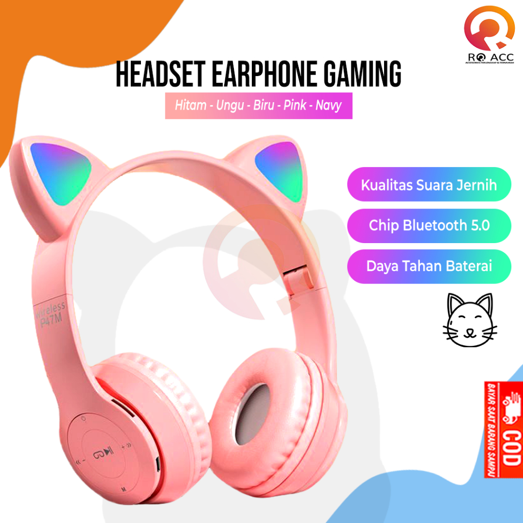 [RO ACC] BLUETOOTH HEADSET HEDSET EARPHONE GAMING CAT LAMPU WIRELESS P47M