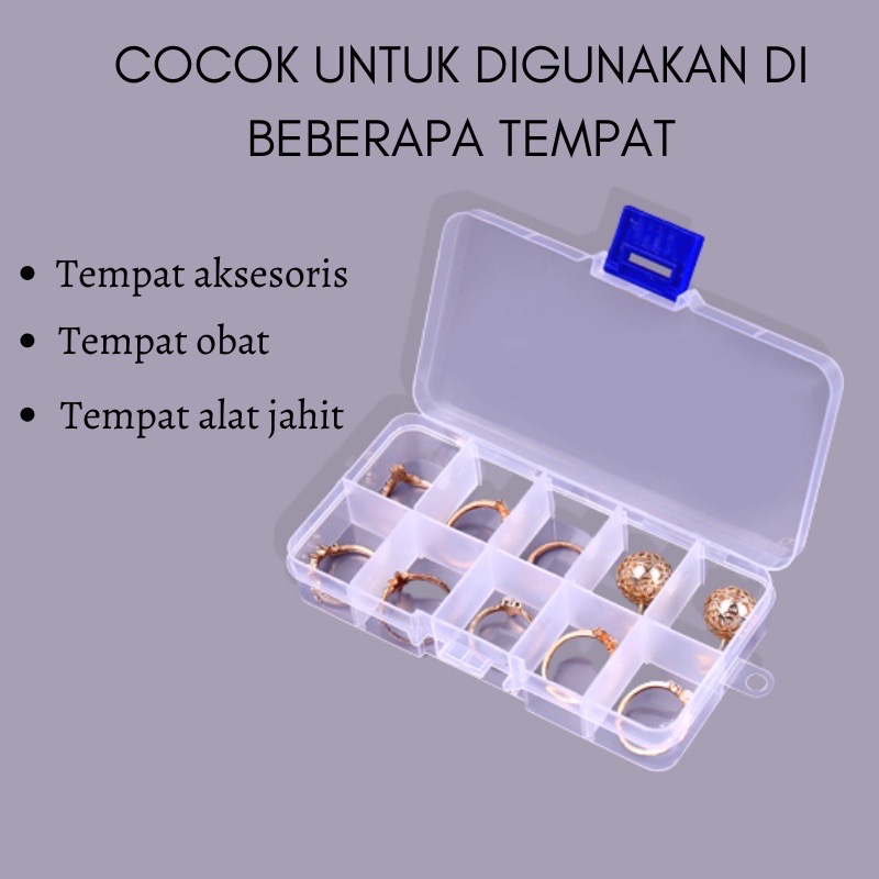 Kotak Box Penyimpanan Serbaguna 10 Sekat Transparant Obat vitamin perhiasan kapsul tablet