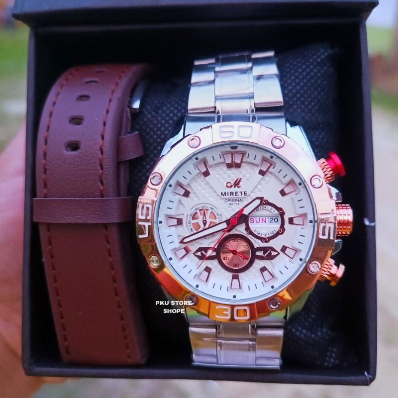 MIRETE EDITION Jam Tangan Pria Original Tahan Air Dua Tali Tanggal Dan Hari Aktif Full Stainless Steel Free Box | Mewah Elegan Sporty Olahraga Analog Import Berkualitas Murah Dijamin Sesuai Foto Realpict