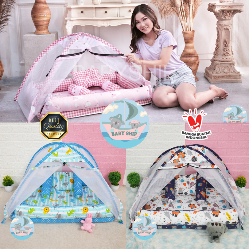 Kasur Bayi Kelambu Tenda / Tempat Tidur Bayi Set Bantal Guling Free Tas Mika [ Merk babySHip ]