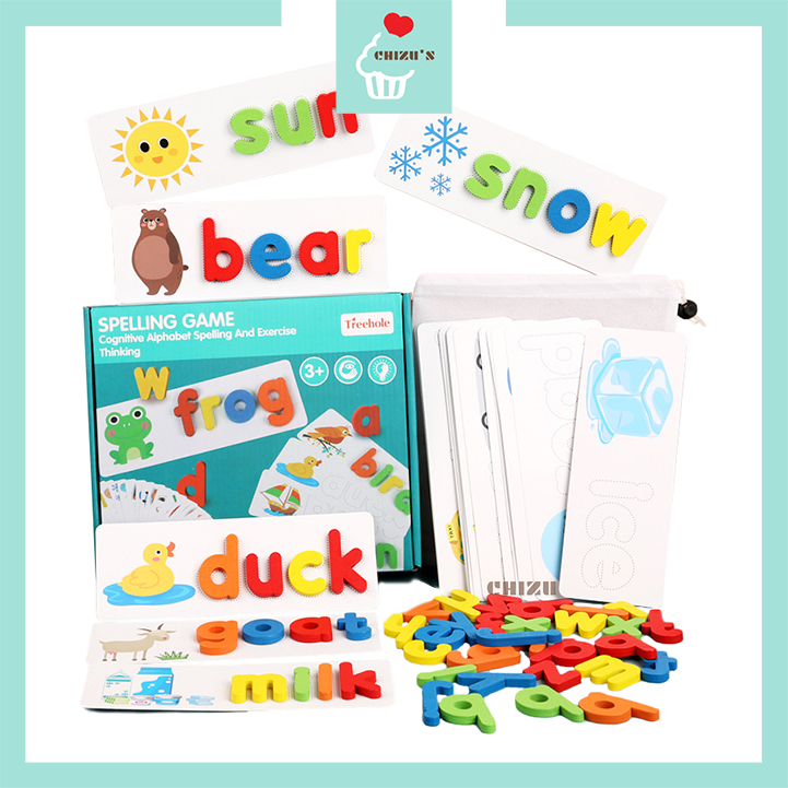 Spelling Game SET | Puzzle Balok Kayu Belajar Mengeja Membaca Kata Mengenal Huruf Kecil Alfabet Lowercase | Treehole English Word Alphabet Matching Blocks ABC Inggris | Mainan Montessori Edukatif Edukasi Anak Balita Murah