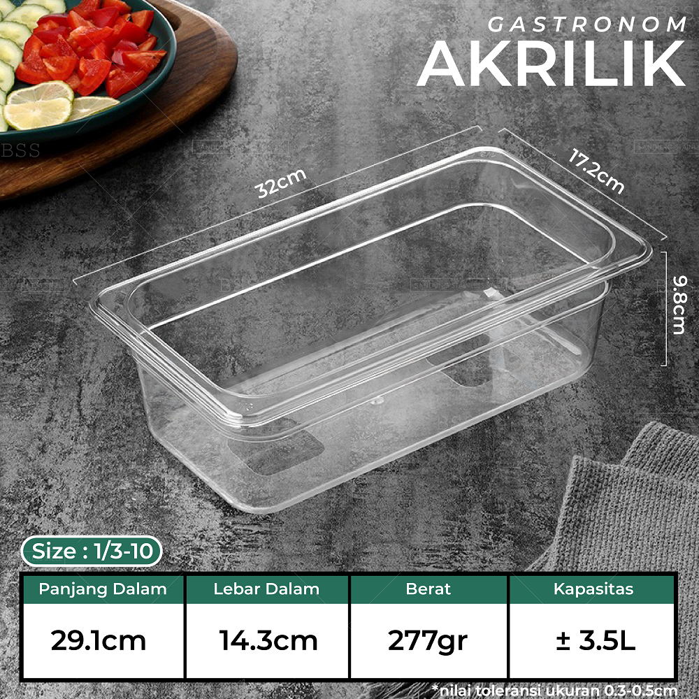 Gastronom Akrilik Food Pan 1/3/10 Kedalaman 10cm Wadah Penyimpanan Sayur Buah Daging Makanan Tempat Saji Prasmanan Multifungsi