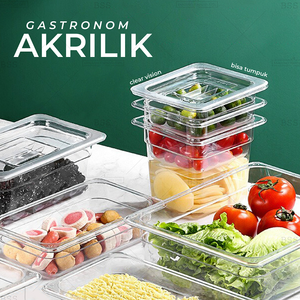 Gastronom Akrilik Food Pan 1/4/6 Kedalaman 6.5cm Wadah Penyimpanan Sayur Buah Daging Makanan Tempat Saji Prasmanan Multifungsi