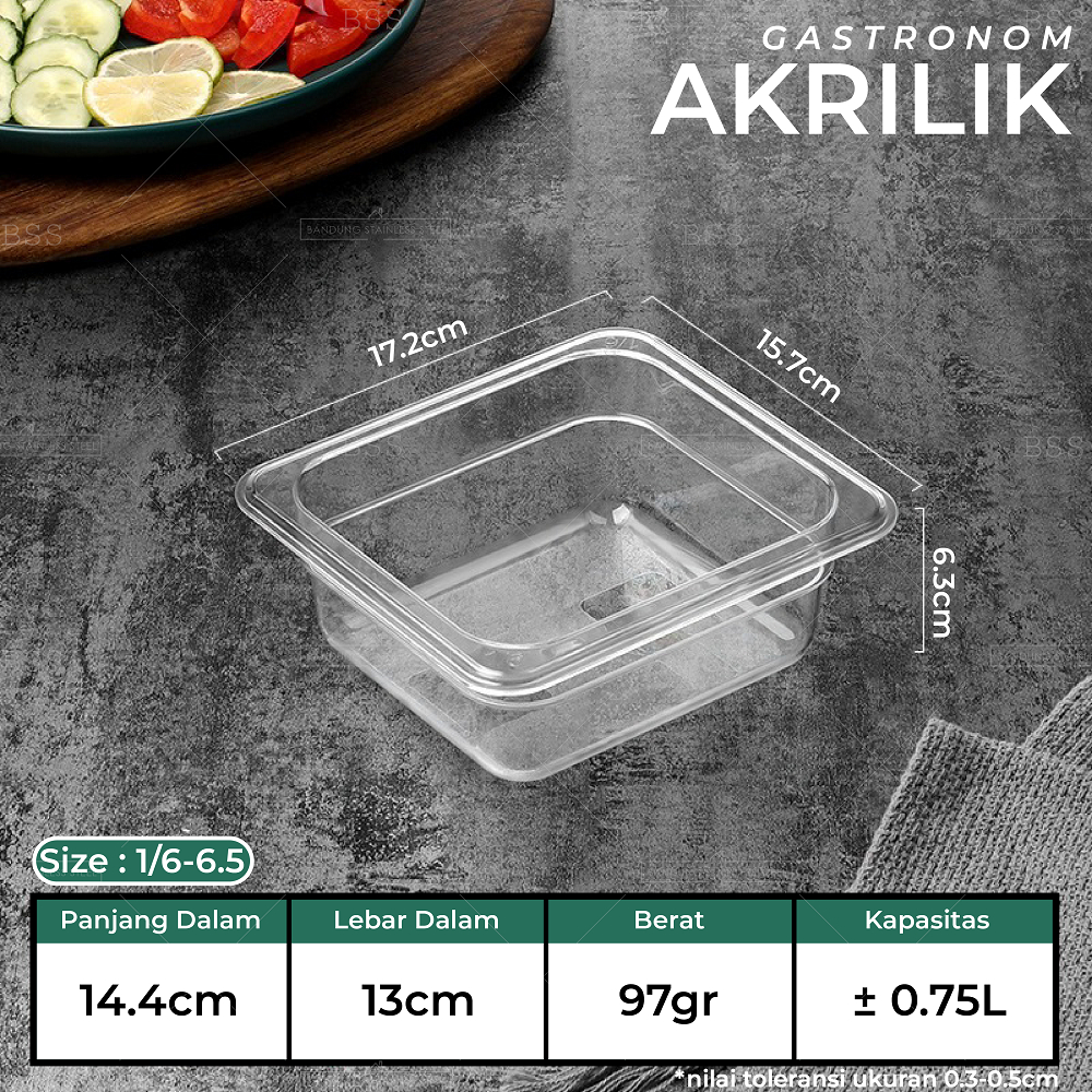 Gastronom Akrilik Food Pan 1/6/6 Kedalaman 6.5cm Wadah Penyimpanan Sayur Buah Daging Makanan Tempat Saji Prasmanan Multifungsi