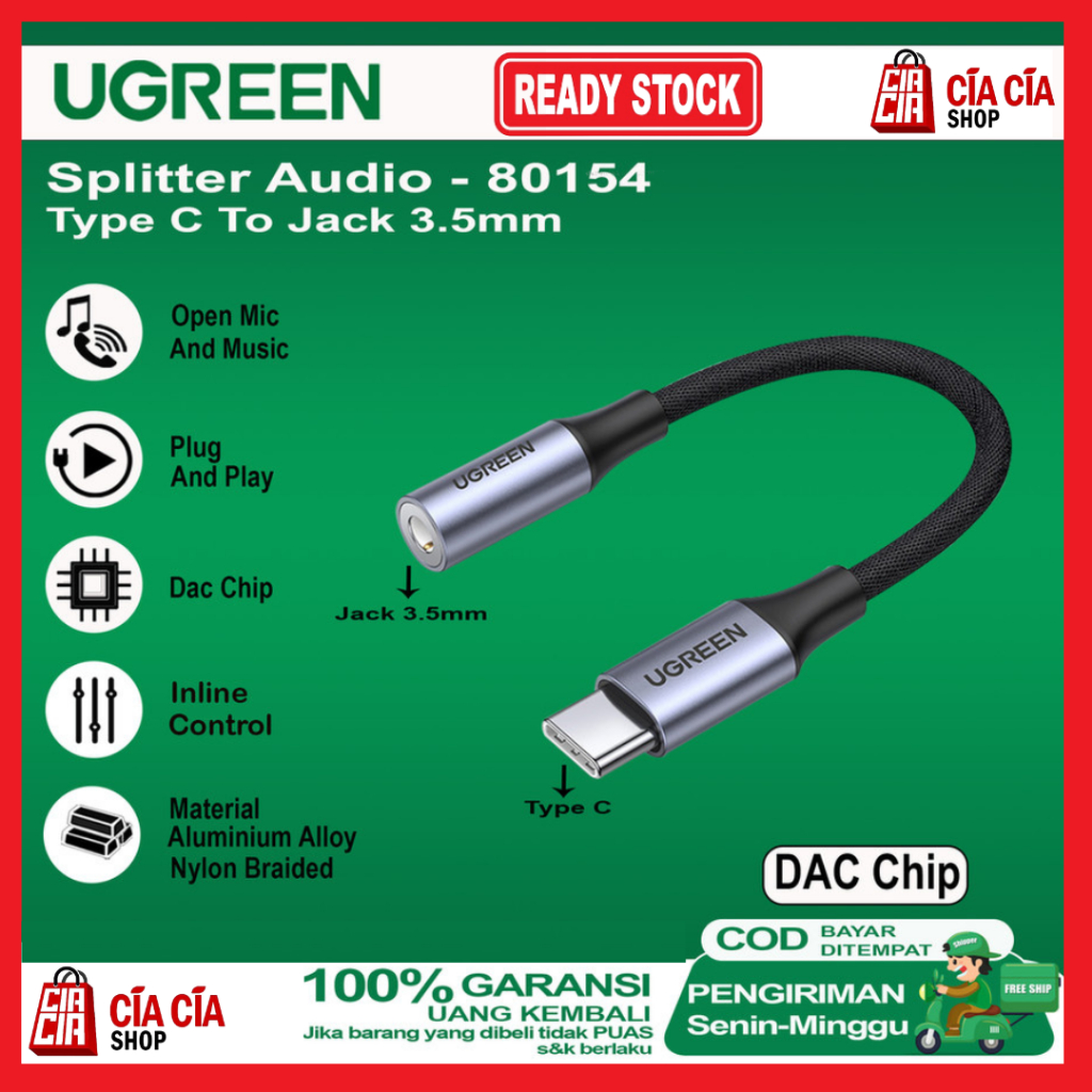 UGREEN Converter Audio Type C To Aux Jack 3.5mm Adapter Audio USB C DAC 80154