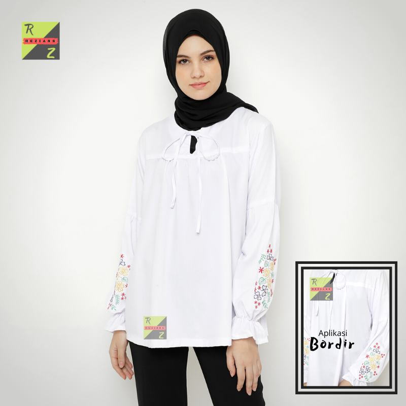 Blouse atasan Muslim lengan panjang putih bordir PREMIUM