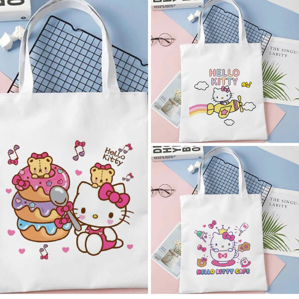 Totebag Tote bag Hello Kitty Lucu Tas Serut Kanvas Wanita Goodie Bag Souvenir Ulang Tahun Anak Cewek Aesthetic Korea