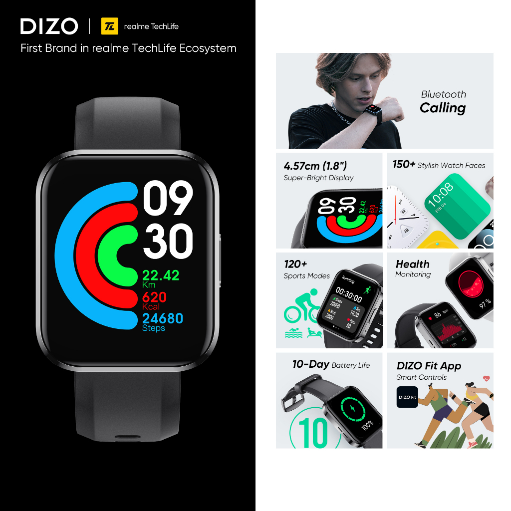 DIZO By realme techlife Watch D Talk Bluetooth Calling watch 1.8''Big Display Health Monitor Sports Waterproof Watch