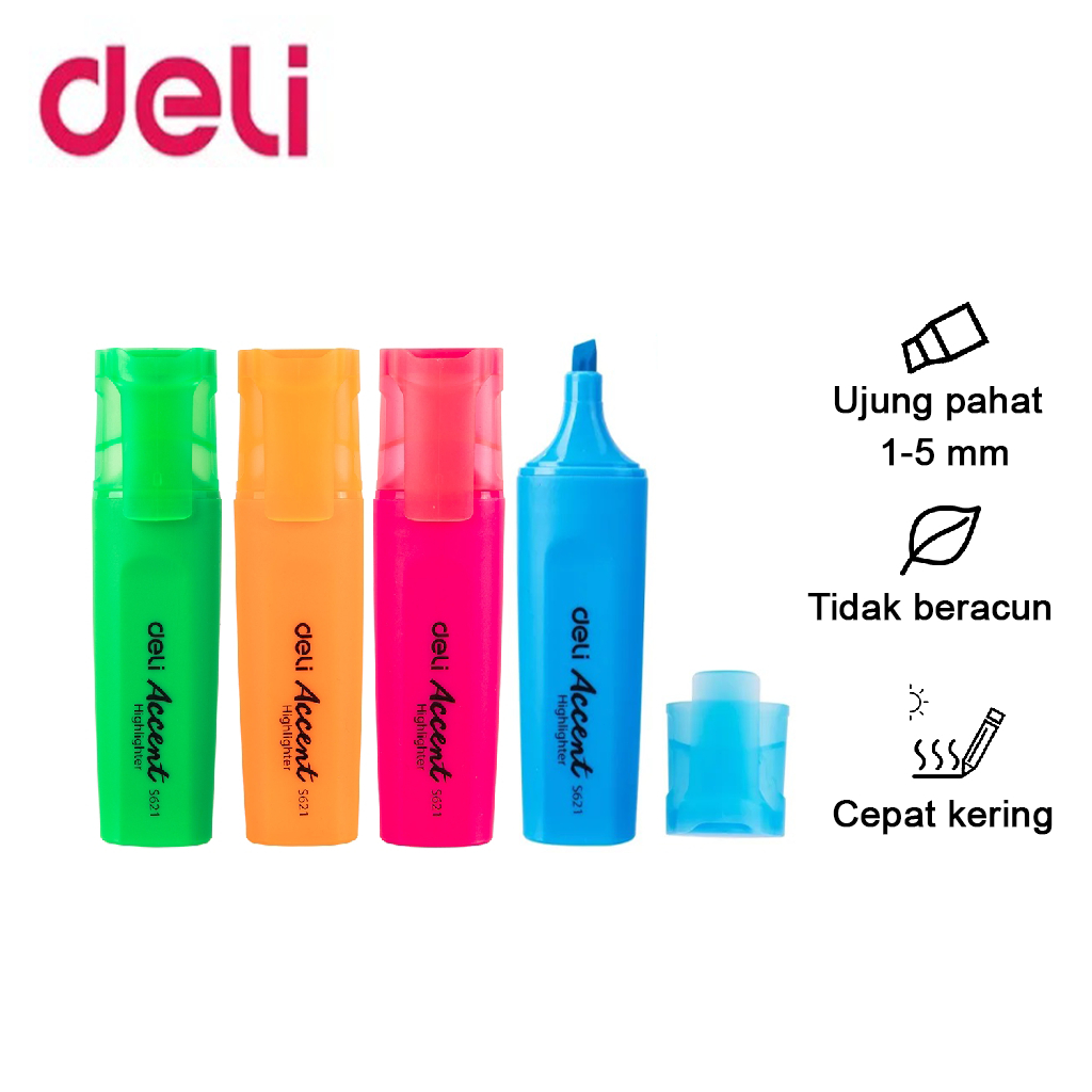 Deli highlighter pen warna tinta fluoressen yang sangat cerah spidol tinta kering cepat ES621 1-5mm Pena pena fluorescent pen