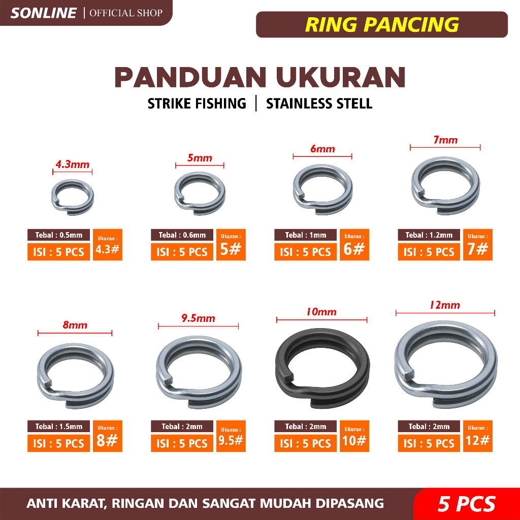 SONLINE Split Ring Solid Ring Konektor Umpan Pancing Bahan Stainless Steel Anti Karat Rolling Swivel Pancing Firelock Aksesoris Umpan Mancing Firelock SPLIT RING