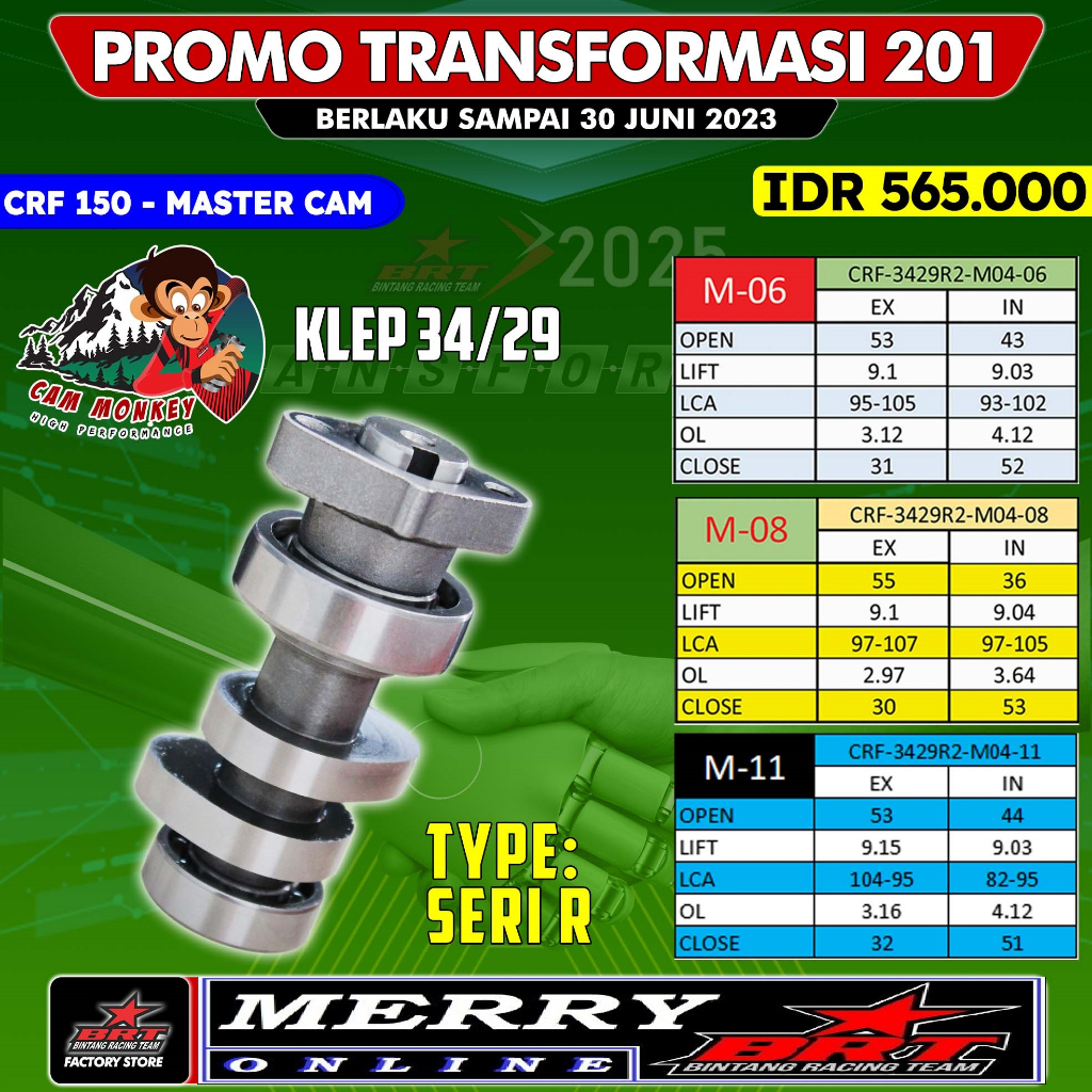 Promo 201 Master Cam BRT M06 M08 Noken as Monkey CRF 150 Verza Mega Pro New Klep 34 29