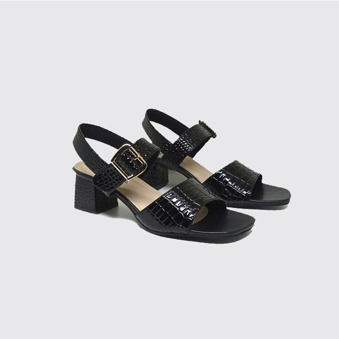 Sandal Wanita Hak tahu 5 cm Ukuran Besar Kaki Jumbo BIG SIZE 41 42 43 44 45 sendal Heels cewek casual pesta formal - Sendal Heel Tali kulit hitam Croco Gesper