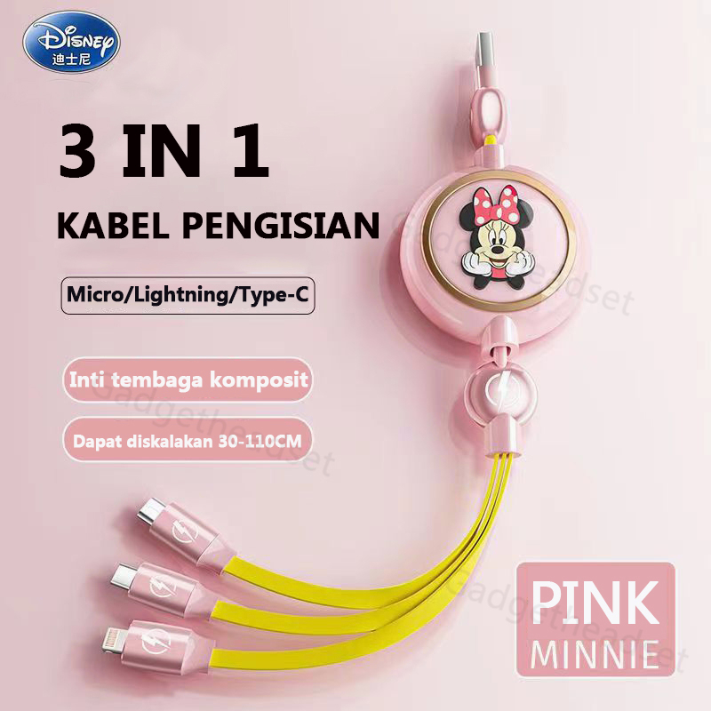 Disney kabel Charger 3 in 1 Mobile Cables Fast Charging Kompatibel 2A Lightning+MicroUSB+Type-C Panjang 80-110CM Dapat Disesuaikan Kabel Pengisian Portabel Untuk IOS/Android IPhone Samsung xiaomi