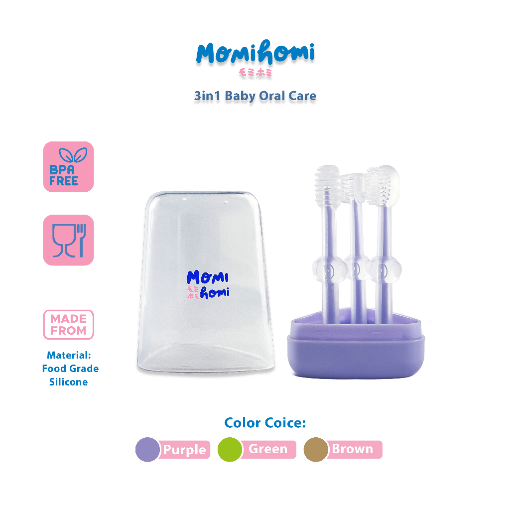 Momi Homi Baby Oral Care 3 in 1 Pembersih Mulut Bayi Sikat Gigi &amp; Lidah Bayi Silicone Baby Toothbrush Silikon Sikat Gusi 3004
