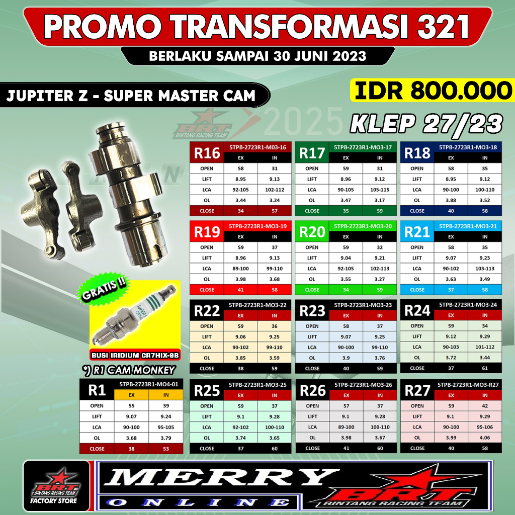 Promo 315 Super Master Cam BRT + RRA Klep 27/23 Noken as Pelatuk Roller Jupiter Z 110 Vega R New R Series