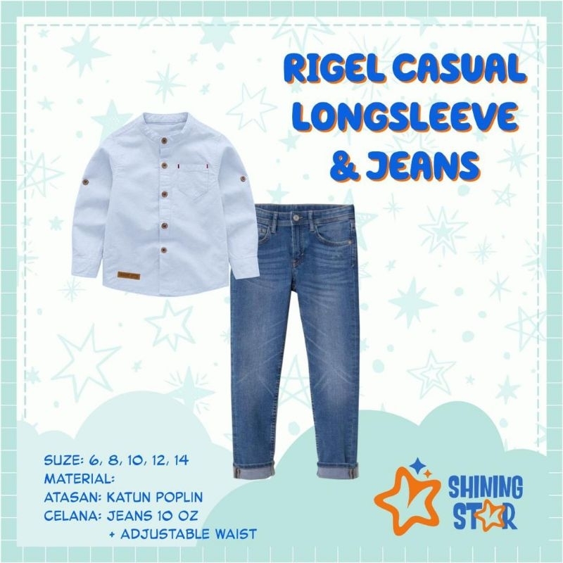 Ready ‼️ Set Kemeja Anak Cowok Premium Rigel Casual Longsleeve &amp; Jeans