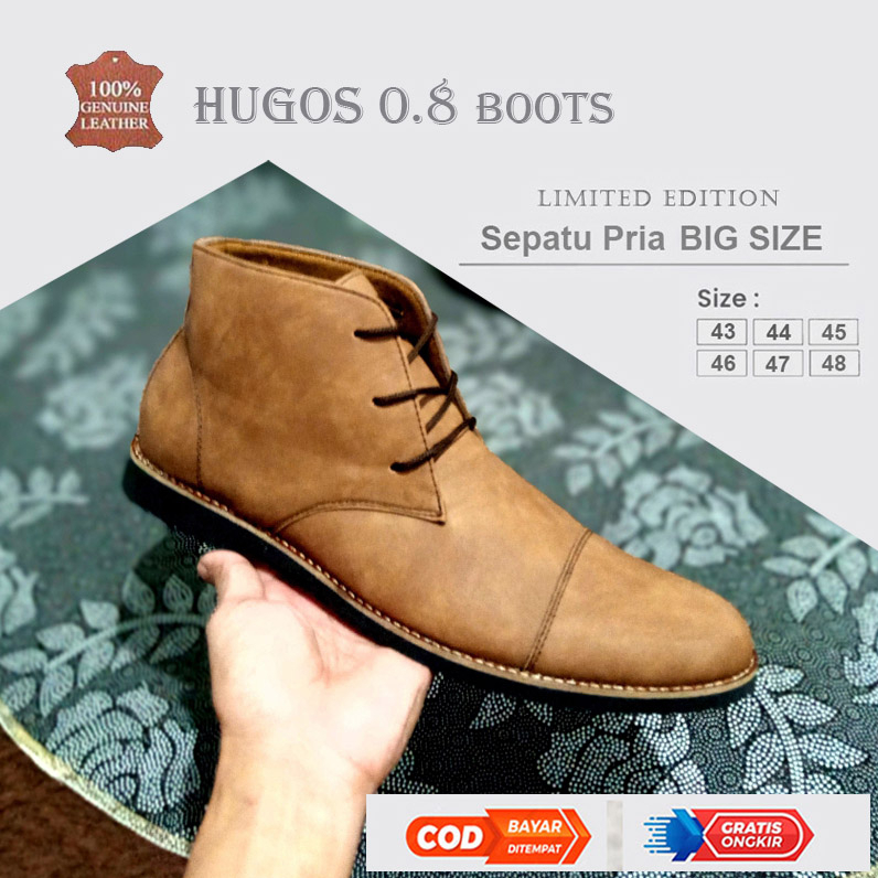 HUGOS 0.8 BOOTS | Sepatu Boot Pria (Ukuran Kaki Jumbo Besar) Pantofel Tali Kulit Coklat Tan