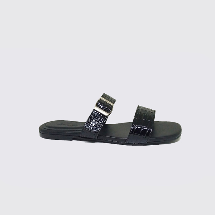 Jesicca - Sandal Flat Wanita (Ukuran Kaki Besar Jumbo) Sendal Teplek Casual Santai Kulit Croco Hitam