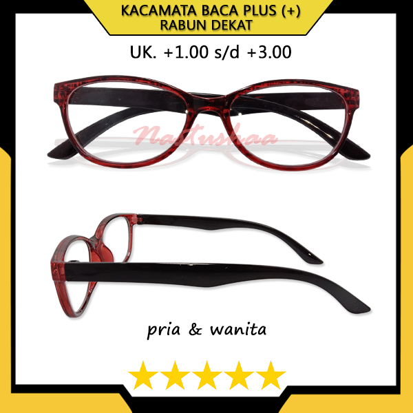 Kacamata Baca Plus (+) Uk. +1.00 s/d +3.00 Bingkai Model Cat Eye Warna Merah Gagang Hitam Kacamata Rabun Dekat Pria/Wanita NOCASE