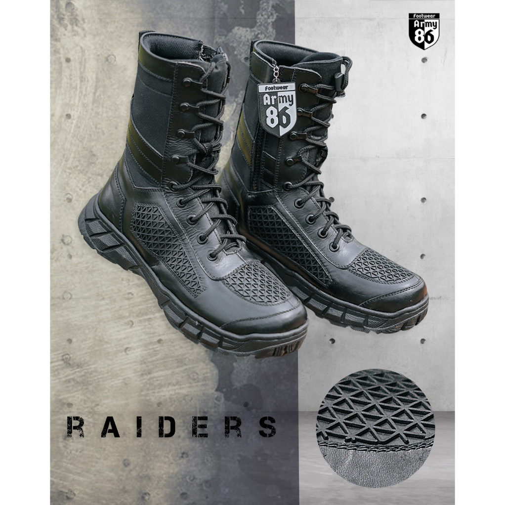 Sepatu PDL Army 86 TNI POLRI Kulit Sapi Asli Model Sarang Tawon Raiders Hitam / Krem