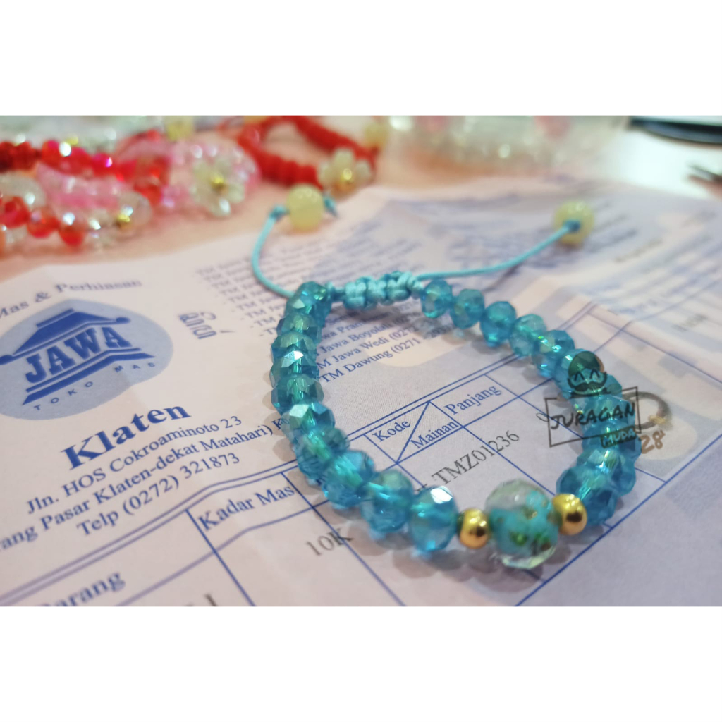 Gelang Tali Cristal Murano 2 Liontin Emas Asli kadar 10 karat 10k