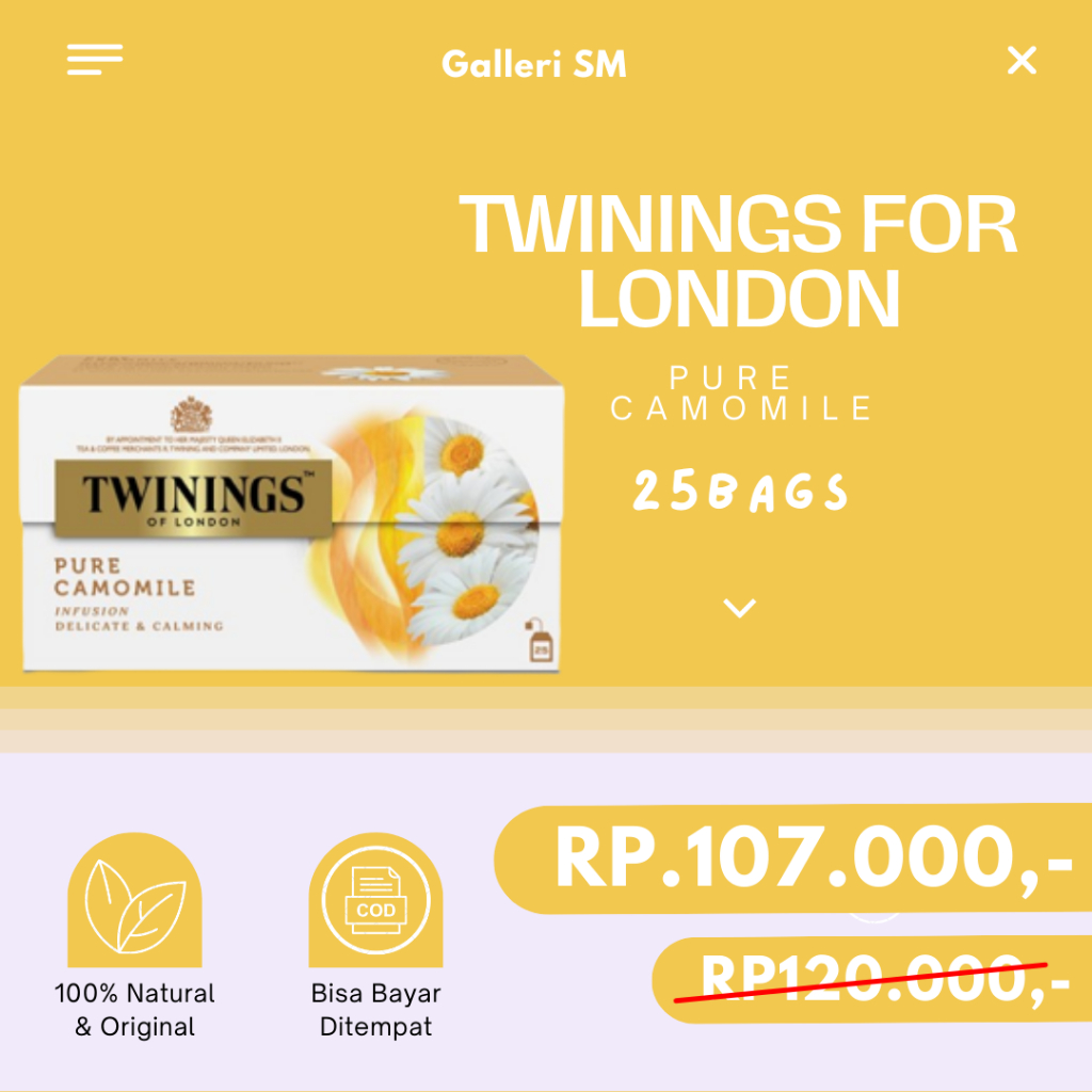 

Twinings Tea Pure Camomile Teh Celup Original Isi 25 Kantong