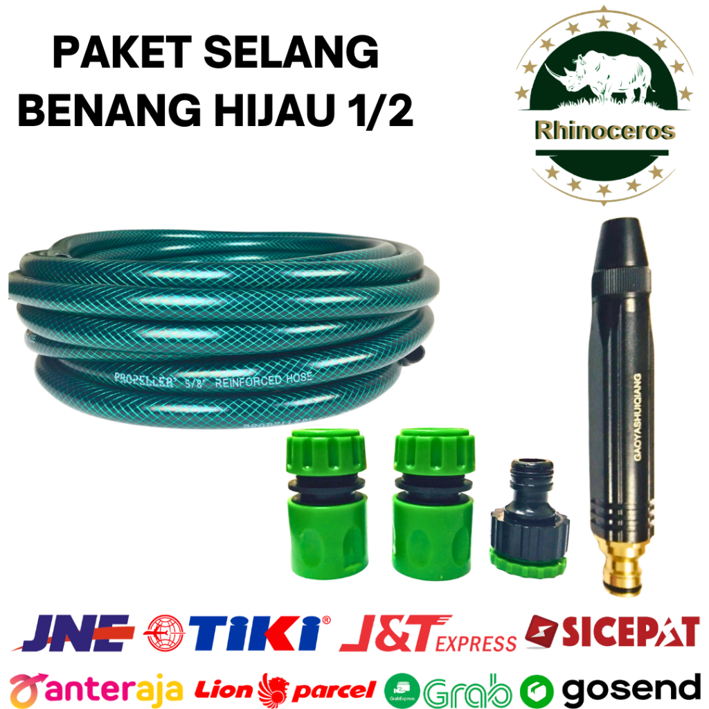 Selang Air Benang 1/2 Inch Hijau Paket Semprotan Air Lurus Hitam