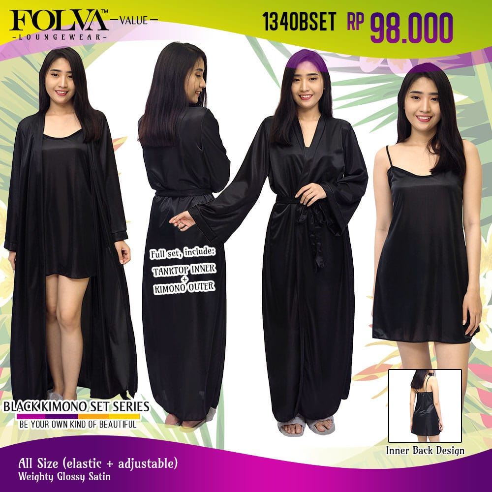 FOLVA kimono set baju tidur satin 1340BSET hitam all size