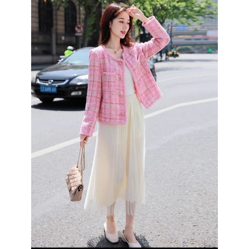 VN LAURA PASTEL TWEED BLAZER / PREMIUM OUTER CARDIGAN TWEED WANITA BLAZER PINK AND BLUE