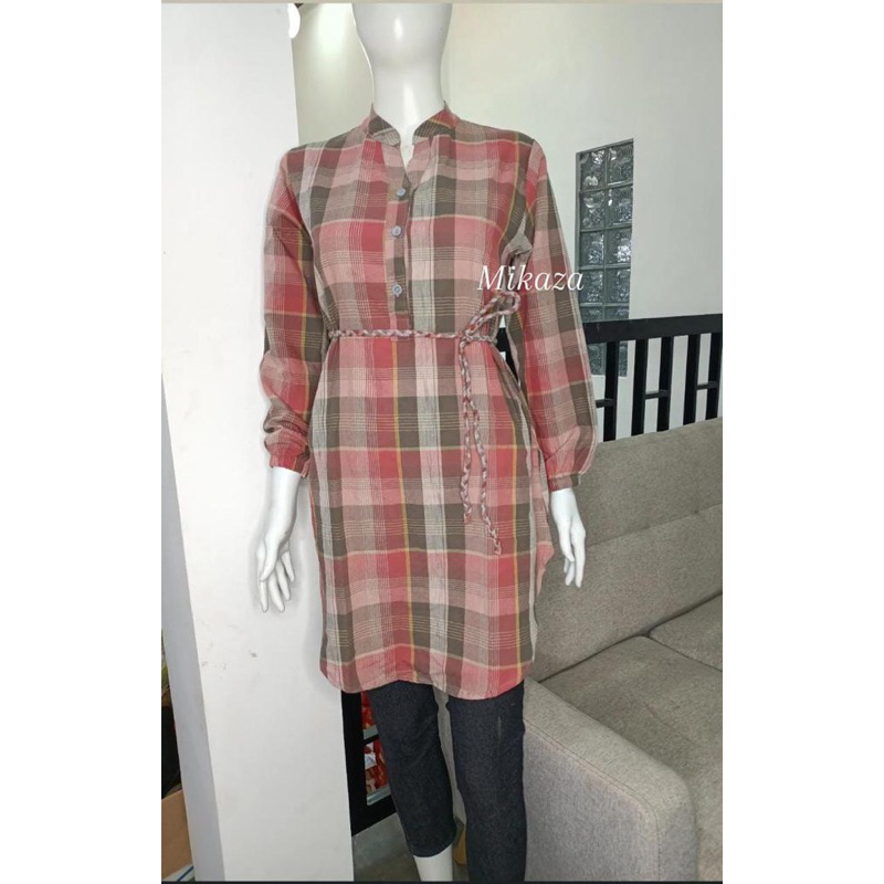 Tunik mikaza kotak bahan triset ikat pinggang