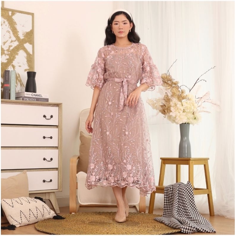 Ken-230 Long Dress Wanita Untuk Kondangan Pesta  Wisuda Full Tulle Bordir Premium Free Ikat Pinggang