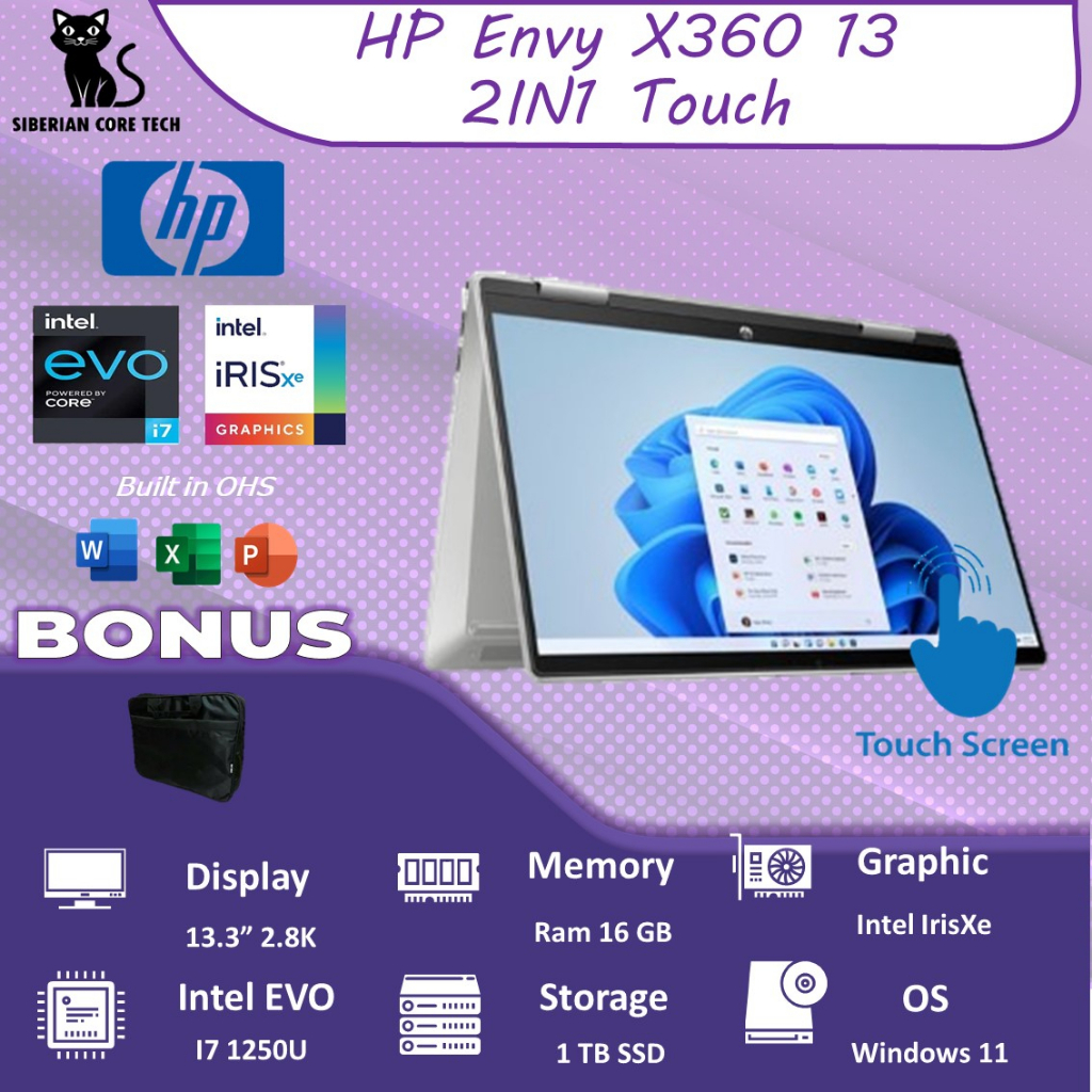 HP ENVY X360 13 BF0107TU OLED TOUCH EVO I7 1250U 16GB 1TBSSD IRISXE W11+OHS 13.3 2.8K 2IN1 PEN 2YR+ADP SLV