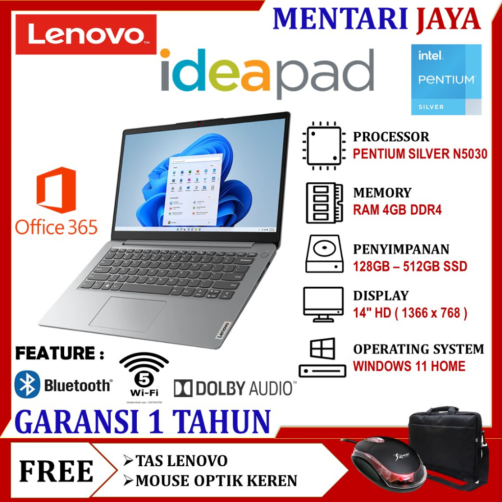 LAPTOP BARU MURAH LENOVO IDEAPAD SLIM 1 14 INTEL PENTIUM N5030 SSD 512GB WIN 11 HOME