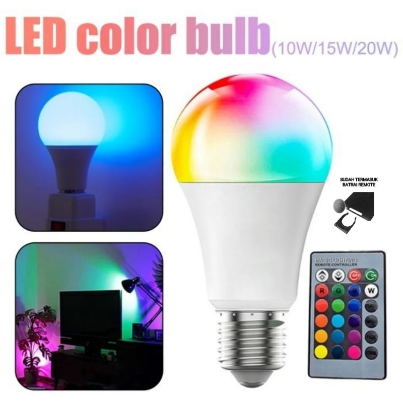 Lampu Smart E27 LED Light Bulb Bohlam RGB 9 W Watt 9W 9watt + wireless Remote remot control RC No fi