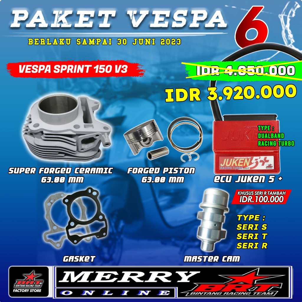 Paket 6 BRT Blok Ceramic 63mm Juken 5 plus dan Master Cam Vespa Sprint 3V