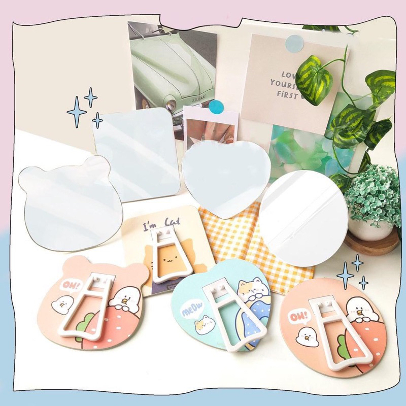 Cermin Lipat Persegi Portable Beauty Mirror Kaca Rias Make Up Mirror Standing meja / Mirror Aesthetic / Cermin Meja Karakter