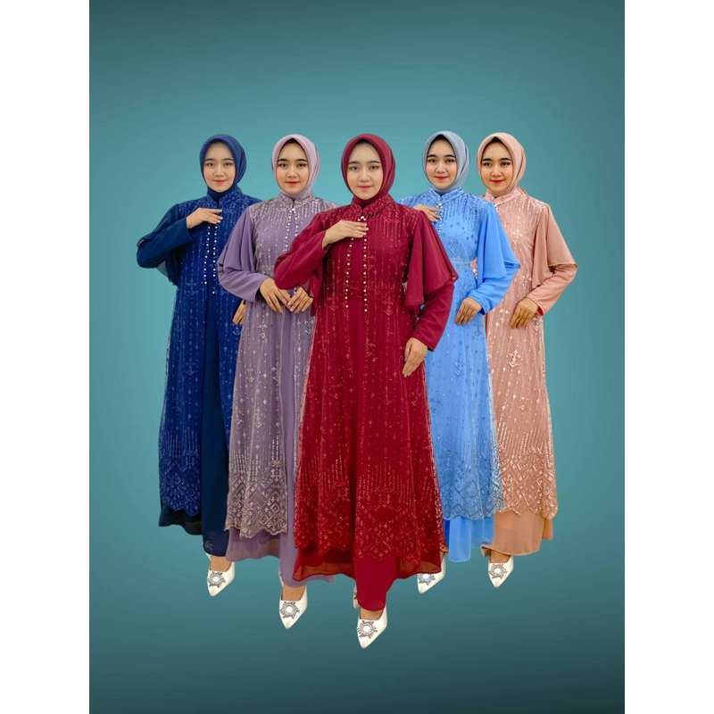 PB Prilly Busana - LAURA SET 3in1 DEWASA - GAMIS SET OUTER TILE BORDIR MUTIARA - GAMIS PESTA