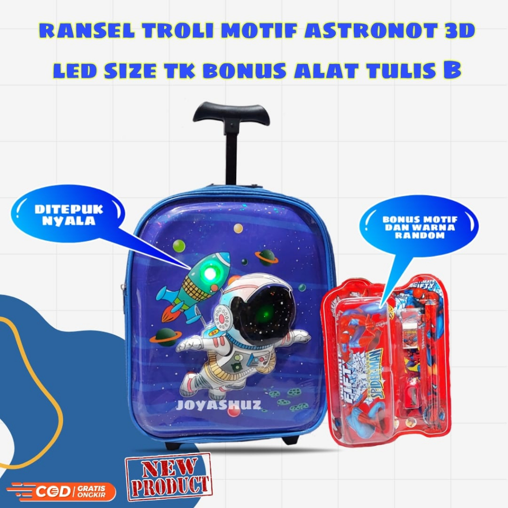Tas Troli Anak Laki Laki Karakter Astronot Gratis Bonus - Ransel Anak Laki-laki - Ransel Troli Anak SD TK - Troli Astronot  - Tas Gratis Botol -  Tas Sekolah Anak Troli - Astronot Luar Angkasa - Tas Dorong Astro - Joyashuz